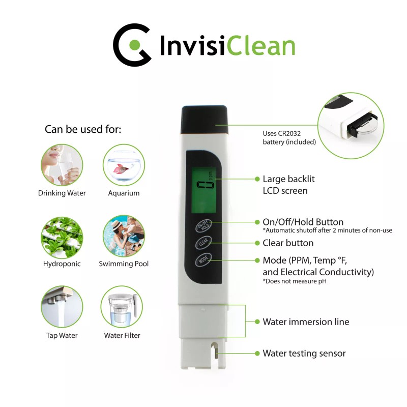 InvisiClean 3 in 1 TDS Meter Water Tester - Measures