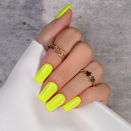 KQueenest Neon Green Press On Nails Long Square - Summer Press On Nails Medium Coffin, Sheer Bright Lime Green Fake Nails with Glue, Glossy Opaque, Reusable Soft Gel Glue on Nails for Women, 24 Pcs