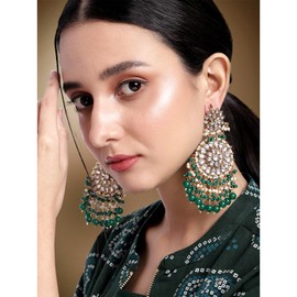 Aheli Artificial Kundan Studded Drop Dangle Green Earrings with Beaded Tassels Fashion Ethnic Traditional Festive Jewelry for Women