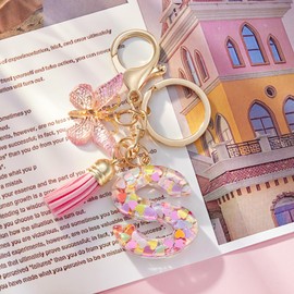 QUKE Fashion Alphabet Initial Letter Keychain Pink Tassel Butterfly Pendant Key Ring for Purse Schoolbags Women Girl - S