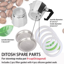 DITOSH 2 Pcs Filter with 4 Pcs Silicone Gasket Seals for 9 Cup Stovetop Espresso Coffee Maker Replacement Parts for Octagonal Aluminium Moka Pot