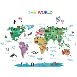 ANHUIB Wall Sticker World Map Children Large Wall Sticker Animal World Map Wall Sticker for Baby Toddler Room Wall Sticker Wall Decoration for Living Room Bedroom Children's Room