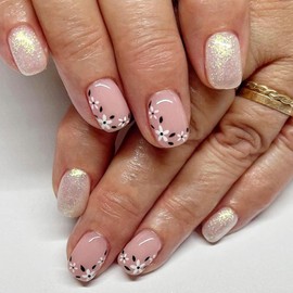 Glitter Press on Nails Short Square Fake Nails with Flower Designs Spring Nude Full Cover False Nails Press ons Acrylic Glue on Nails Glossy Cute Stick on Nails for Women Girls 24 Pcs