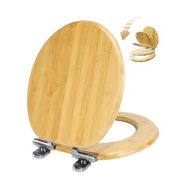 Round Bamboo Toilet Seat with Lid Quick Release Slow Close Zinc Alloy Strong Hinges Natural Bamboo, Light, 17-inch