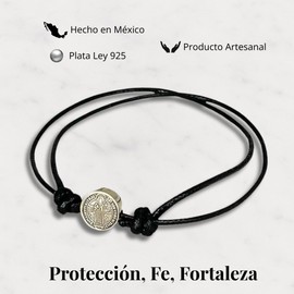 TClaudia, Pulsera San Benito de Plata 925 oxidada, medalla San Benito, hilo negro ajustable, para Mujer y Hombre.