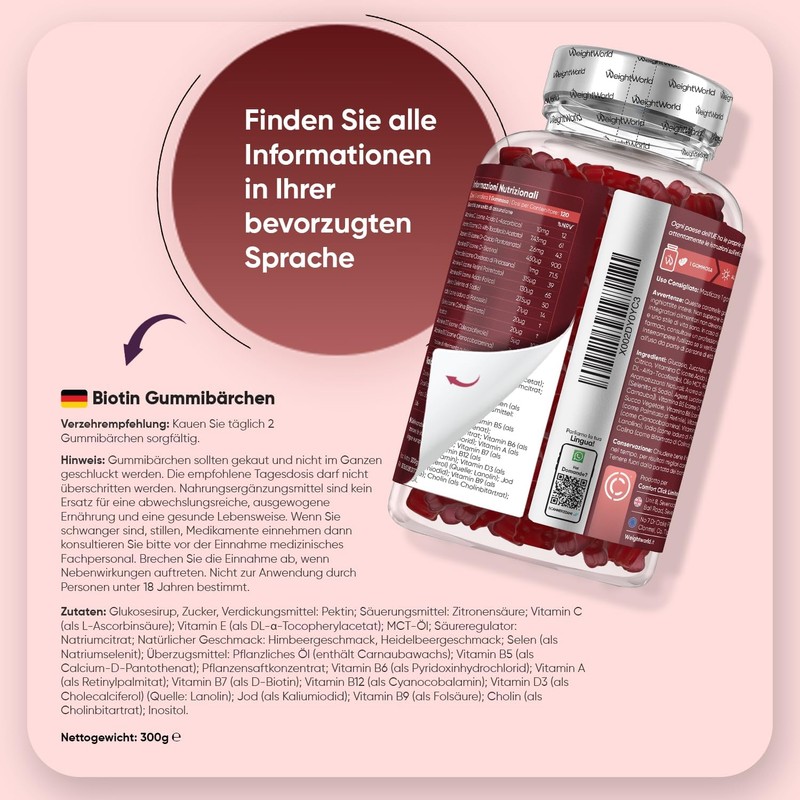 Biotin Gummy Bears - Vitamin B7 (D-Biotin) with 450 μg