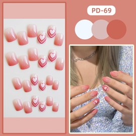 Short Pink Heart Press on Nails 24Pcs Full Cover Acrylic Glossy Pink Square False Nails with Designs Reusable Artificial Coffin Fake Nails with Glue Stick on Fingernails for Valentine's Day