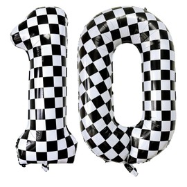 Black White Checkered Number 10 Balloons, 40 Inch Giant Number Balloons Foil Mylar Helium Checkered Number 10 Balloons for 10th Birthday Party Supplies Anniversary Event Celebration Decorations