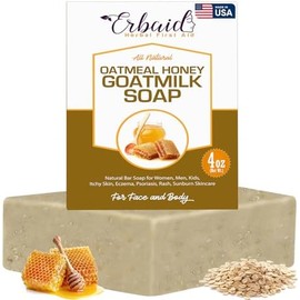 Erbaid- Jabón en barra con leche de cabra, avena y miel de cactus, 4 oz jabón en barra natural para mujeres, hombres y niños, piel con picazón, E
