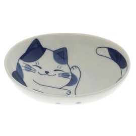Made in Japan Japanese Rice Soup Dessert Bowl Oval 5.25"L Porcelain Blue Calico Cat JAPAN MADE
