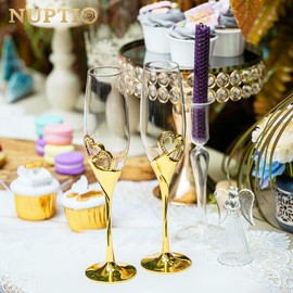 NUPTIO Champagne Glasses for Wedding: 2 Pieces Gold Crystal Glasses Party Crystal Wedding Anniversary Gift for Bride and Groom