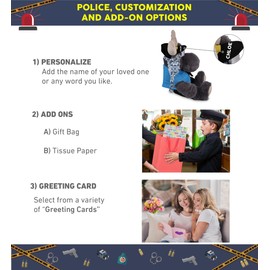 DolliBu Grey Moose Police Officer Plush Toy - Soft Moose Cop Stuffed Animal Dress Up with Cute Cop Uniform and Cap Outfit - Gift with Personalization - 15 Inches