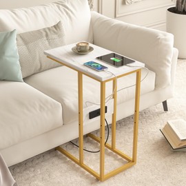 VECELO C Shaped End Side Table with Charging Station & Power Outlets for Couch Sofa/Bed, Snack TV Tray with Metal Frame for Living Room Bedroom 2 Set, Gold