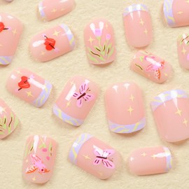 24Pcs French Tip Press on Nails Short Square Fake Nails Acrylic False Nails with Tulip & Love & Butterfly Designs Nude Pink Artificial Glossy Full Cover Spring Glue on Nails for Women Girls