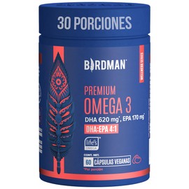 Birdman Omega 3 Vegano Premium | Ratio DHA:EPA 4:1 | a base de Algas | 100% Vegetal, Sin Contaminantes | Cápsula Vegana | 30 Porciones | 60 Cápsulas