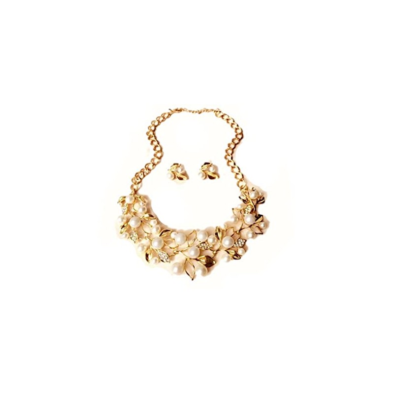 Tytrading Necklace and Earrings Set, Accessories, Gold, Pearl Leaf Design,