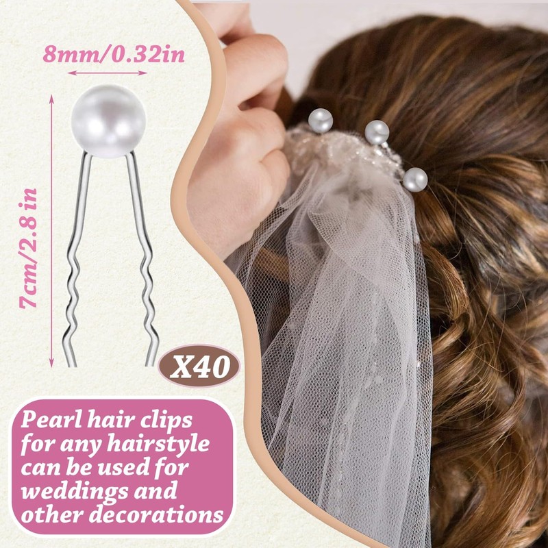 Denipry 40Pcs Pearl Hair Pins, U Shape Bridal Wedding White