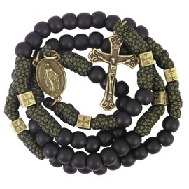 Nazareth Store Antique Bronze Paracord Rosary Necklace with Durable Black Matte Prayer Beads and Jesus Cross with Miraculous Medal - Catholic Chaplet