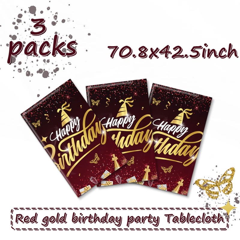 Happy Birthday Decorations-3pcs Red and Gold Birthday Tablecloth,Rectangle Plastic Disposable