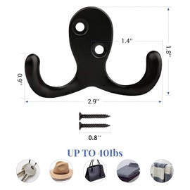 BIGLUFU Pack of 14 Coat Hooks Black Coat Hooks Vintage Double Wall Hooks Metal Hooks with 28 Pieces Screws for Coats, Towels, Backpack, Hat