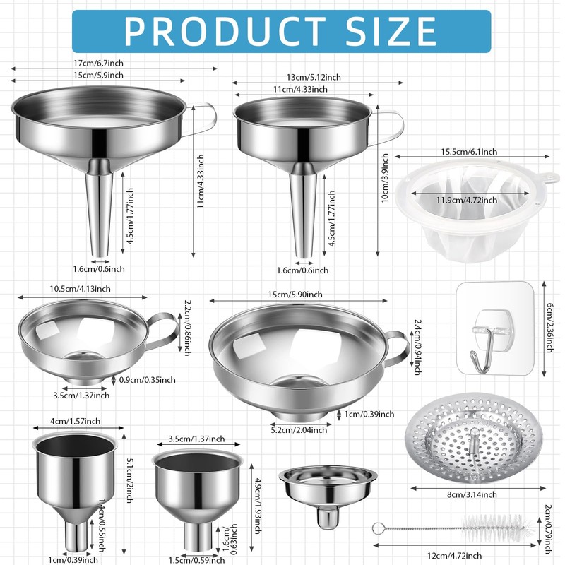 Baderke 17 pcs Stainless Steel Funnel Set Wide Mouth Canning