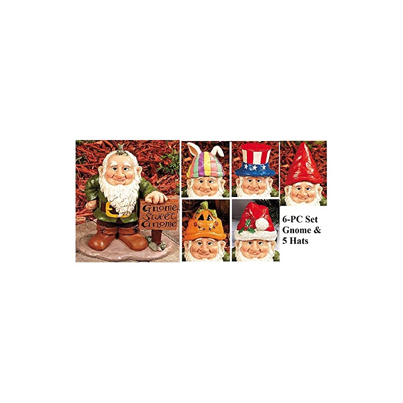 CE-AS 6-PC Garden Gnome Greeter Figure with 5 Seasonal Holiday