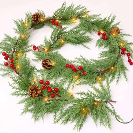 Prelit & Timer - 6 Ft Christmas Cedar Garland with Lights, Real Touch Cedar Garlands Artificial Realistic Greenery Garland for Mantle Fireplace Table Home Indoor Winter Pine Garlands Pinecone Berry