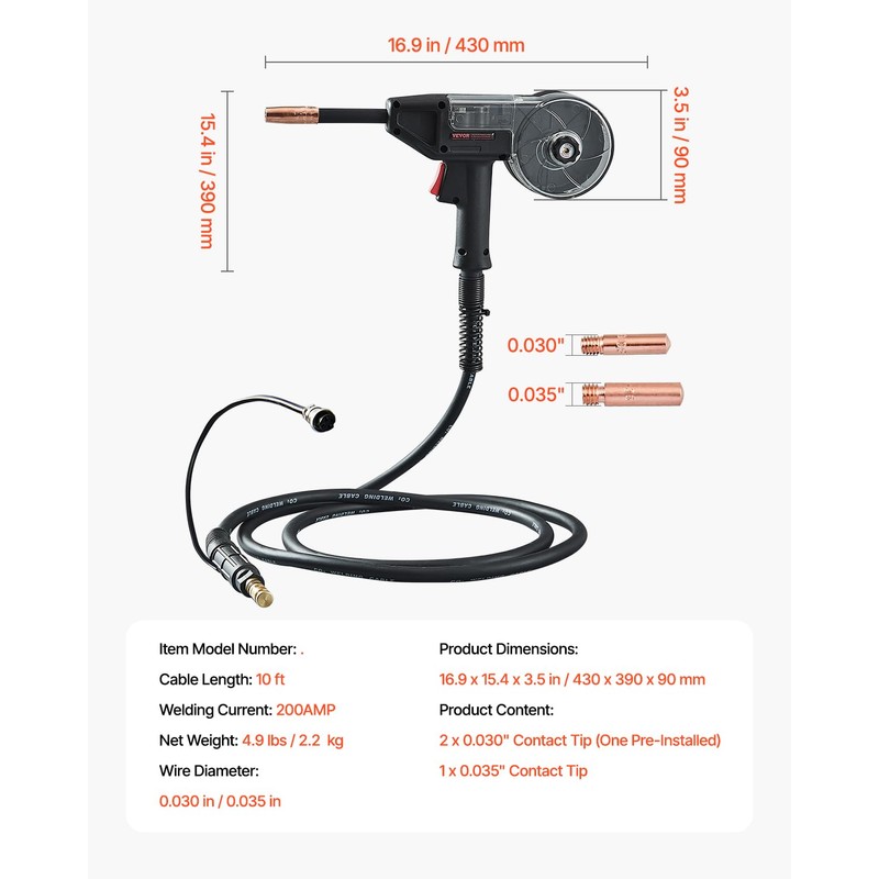 VEVOR 200Amp Spool Gun with 10FT Cable, Compatible with W