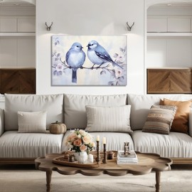 Birds Wall Art Love Birds Canvas Prints Blue Sparrow on Tree Branches Picture for Living Room Bathroom Home Office Decor Framed - 16.00x24.00 inch