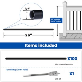 Muzata 100Pack 26" Aluminum Deck Balusters Round Black Deck Railing Stair Porch Staircase Spindles 3/4" Diameter Hollow for Railing Fencing Porch Stair WT02