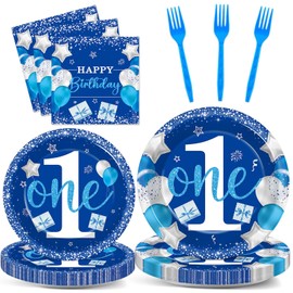 96 Pcs Boy 1st Birthday Party Plates Napkins Tableware Set Blue One Year Old Supplies Disposable Dinnerware Baby Boy 1st Birthday Party Decoration Favors for Baby First Birthday Supplies, 24 Guests