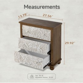 LONYKE Farmhouse 3-Drawer Dresser with Leaves Pattern Carved, Vintage French Country Chest Accent Cabinet, Distressed Finish, White & Brown