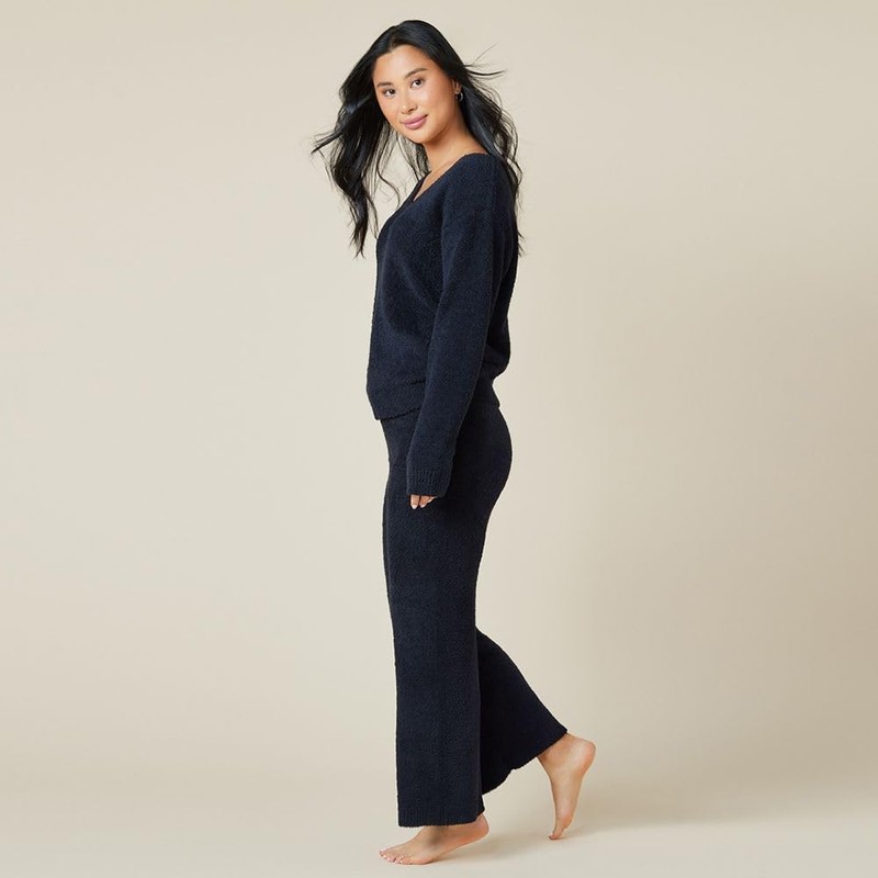 Softies Ultra-Soft Solid Marshmallow V-Neck Lounge Set for Women, Black,