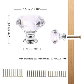 CZC HOME 25pcs 30mm Crystal Glass Door Drawer Knobs Diamond Cut Drawer Handles with 3 Sizes Screws for Cupboard Cabinet Wardrobe Home Decorating, Transparent-Silver Base