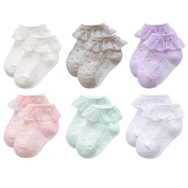 Zando Baby Girl Socks Cotton Baby Socks Elastic Socks with Ruffle Lace Breathable, 6 pairs of mixed colours