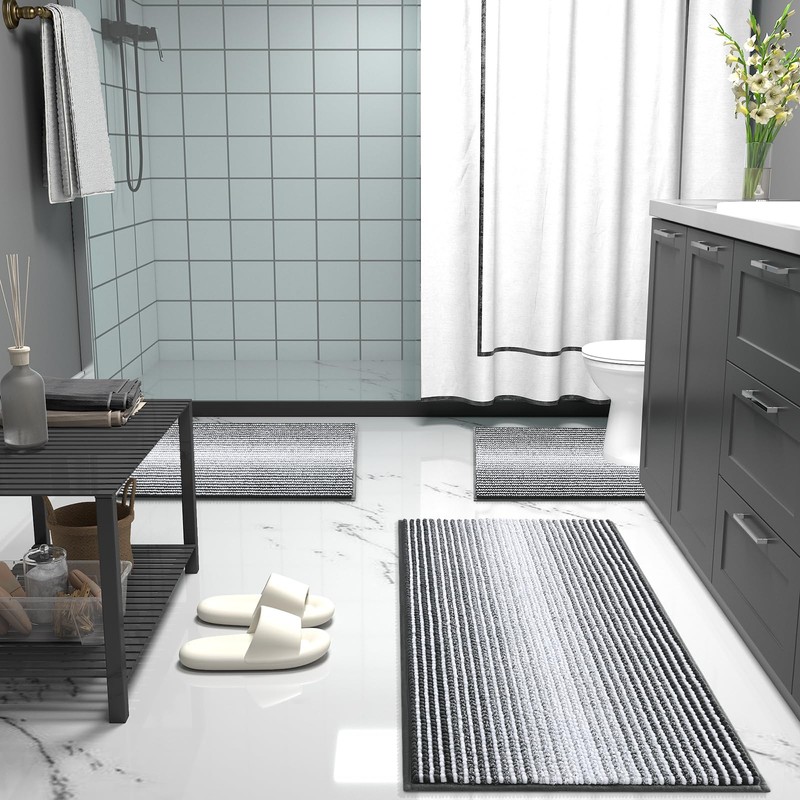 OLANLY Small Bathroom Rugs 24x16, Chenille Striped Bath Rugs, Dark