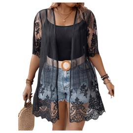 Verdusa Women's Plus Size Sheer Mesh Lightweight Kimono Short Sleeve Beach Swimwear Cover Up Black 2XL