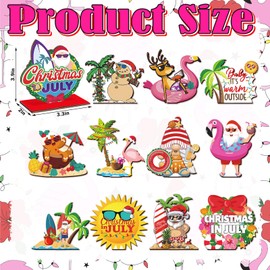 12 Pcs Christmas in July Centerpieces 3D July Summer Party Decorations 3.9 Inches Santa Flamingo Palm Tree Wooden Centerpieces for Tables for Holiday Xmas Home Table Desktop Favors Supplies