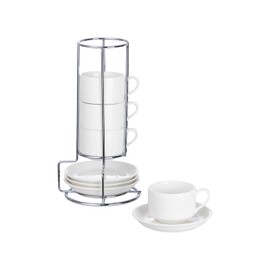 CHILDIKE 2.5 Ounce Porcelain Espresso Cups with Saucers and Silver Stand, White Stackable Cups Set of 4