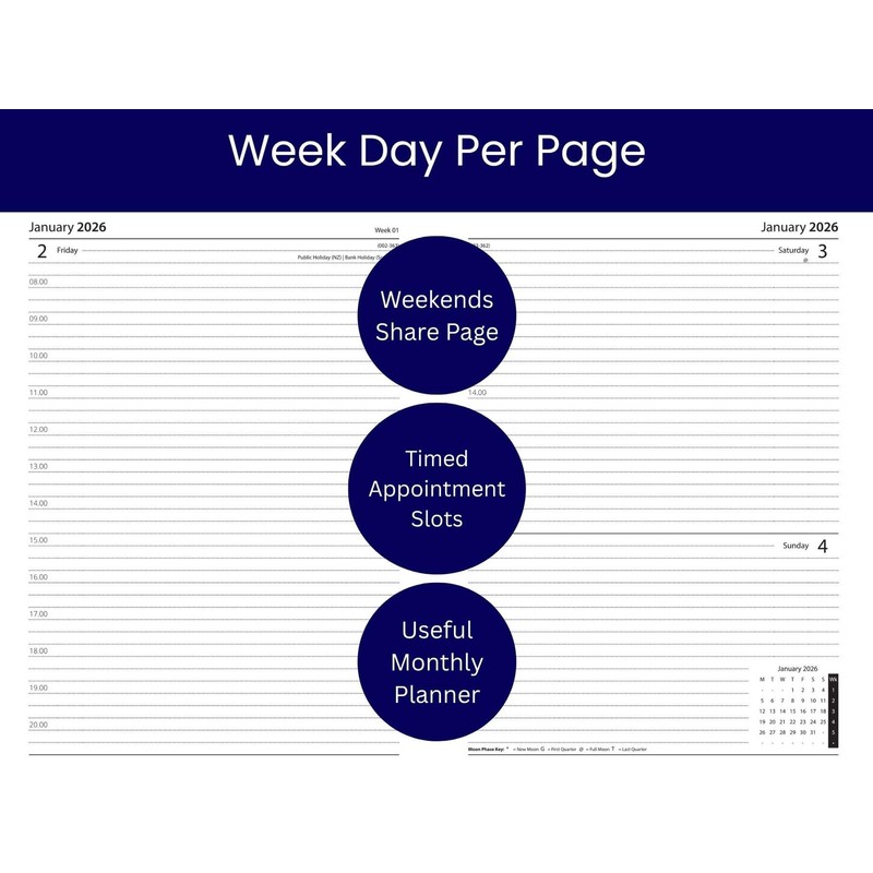 2026 A5 Diary Week Day Per Page - Navy Blue