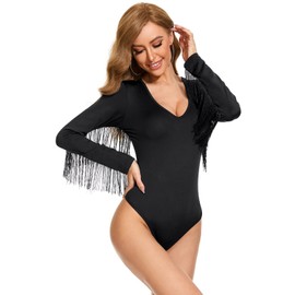 Women's Fringe Trim V Neck Long Sleeve Bodysuit Top Body Suit Concert Cowgirl Disco Outfits Leotard Jumpsuit Black L