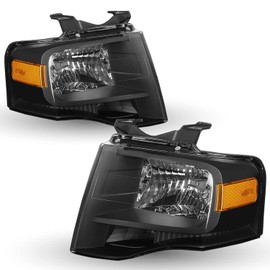TUSDAR Headlights Assembly Set for 2007-2014 Ford Expedition Driver & Passenger Side (Black Housing with Amber Reflector)