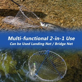 QualyQualy Foldable Pier Fishing Net with Carbon Fiber Telescoping Handle, Landing Net with Saltwater-Proof Stainless Steel Ring & Reinforced Poly Mesh for Kayak, Bridge Fishing with 49.2ft Rope