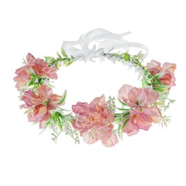 yuruyi Flower Crown for Women, Floral Headband Women Headpiece Flower Hair Accessories for Weeding Bride Cosplay Party Festival Photos (Pink Flower Green Leaves, Adjustable)