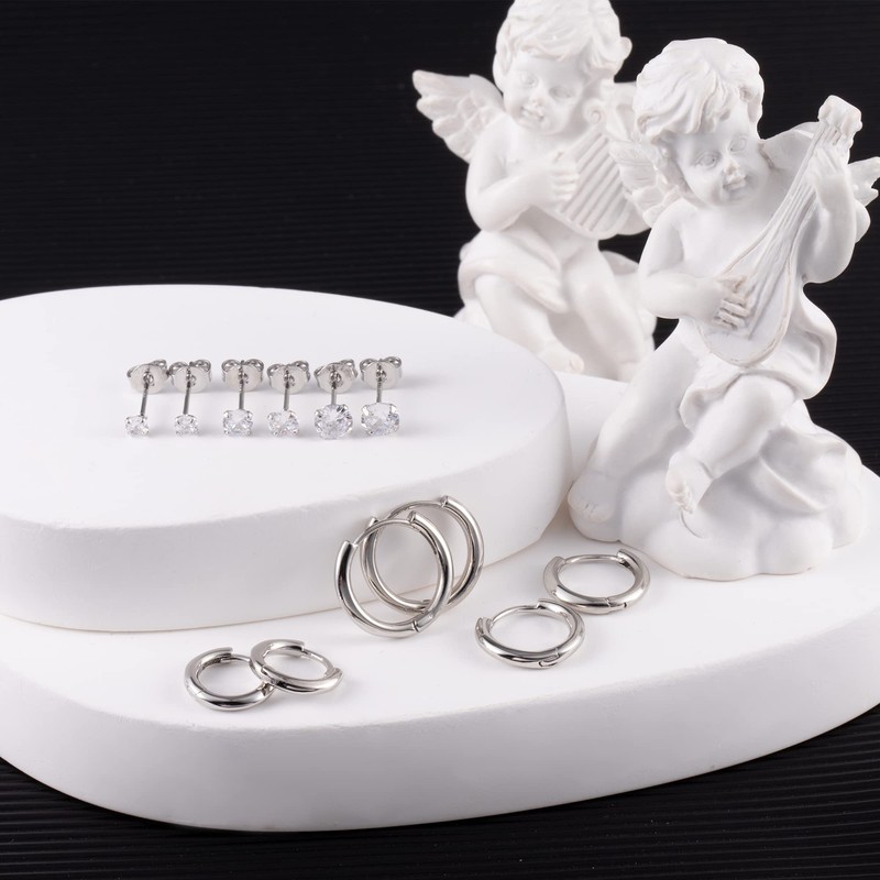 6 Pairs Sterling Silver Small Cartilage Earrings 14K White Gold