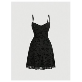 Verdusa Women's Floral Print Short Cami Dress Tie Front Lettuce Trim Mesh Sleeveless A Line Dresses Black Medium