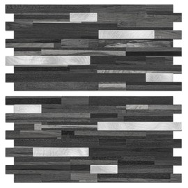 STICKGOO 2 Sheets Peel and Stick Backsplash Tile, Stick on Backsplash for Kitchen and Bathroom, Black Grey Wood Look PVC Mixed Metal Silver Self Adhesive Wall Tiles