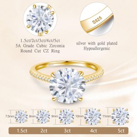 BAGUTTA PAVONE 3CT CZ Round Cut Engagement Rings for Women,Women’s 925 Sterling Silver Solitaire Wedding Bands Engagement Promise Rings for Her with 18K Yellow Gold Plated Size 9