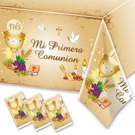 Mantel de primera comunión, 3 piezas, rectangular Mi Primera Comunión, fundas de mesa de plástico, suministros para fiesta de primera comunión, manteles desechables para comunión, manteles desechables