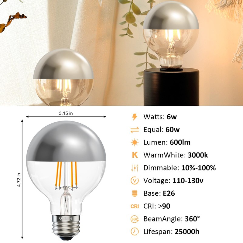 Owilukie Half Silver Chrome Light Bulb 6W (60W Equivalent), Dimmable